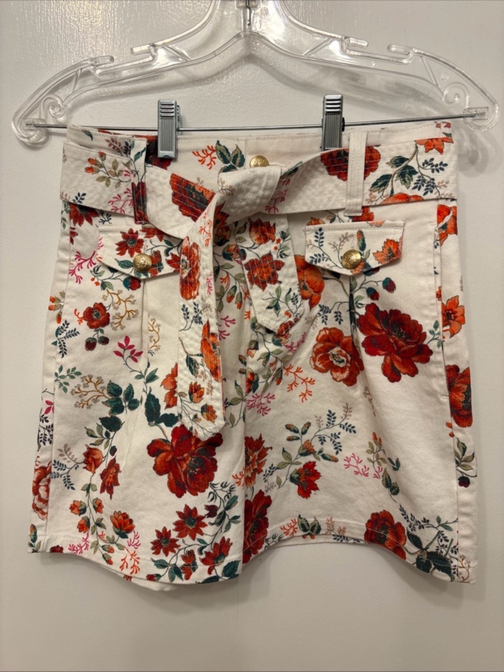 Maje White Floral Tie-Waist Pleat Front Shorts with Pockets - Red & Green Print